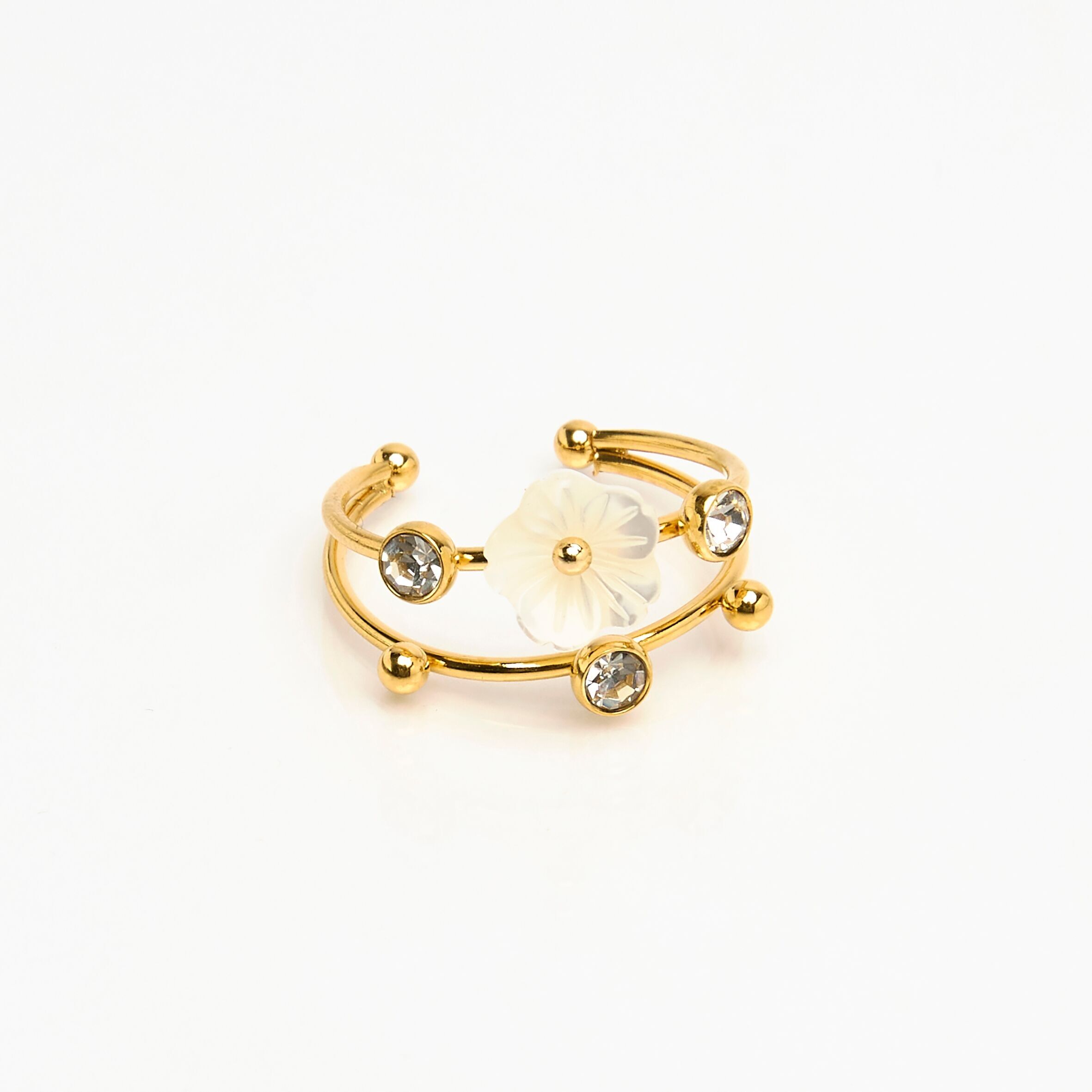 Anillo doble de acero dorado con strass y flores, ajustable