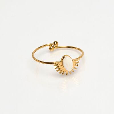 Anillo de acero inoxidable dorado, solar, piedra luna, ajustable.