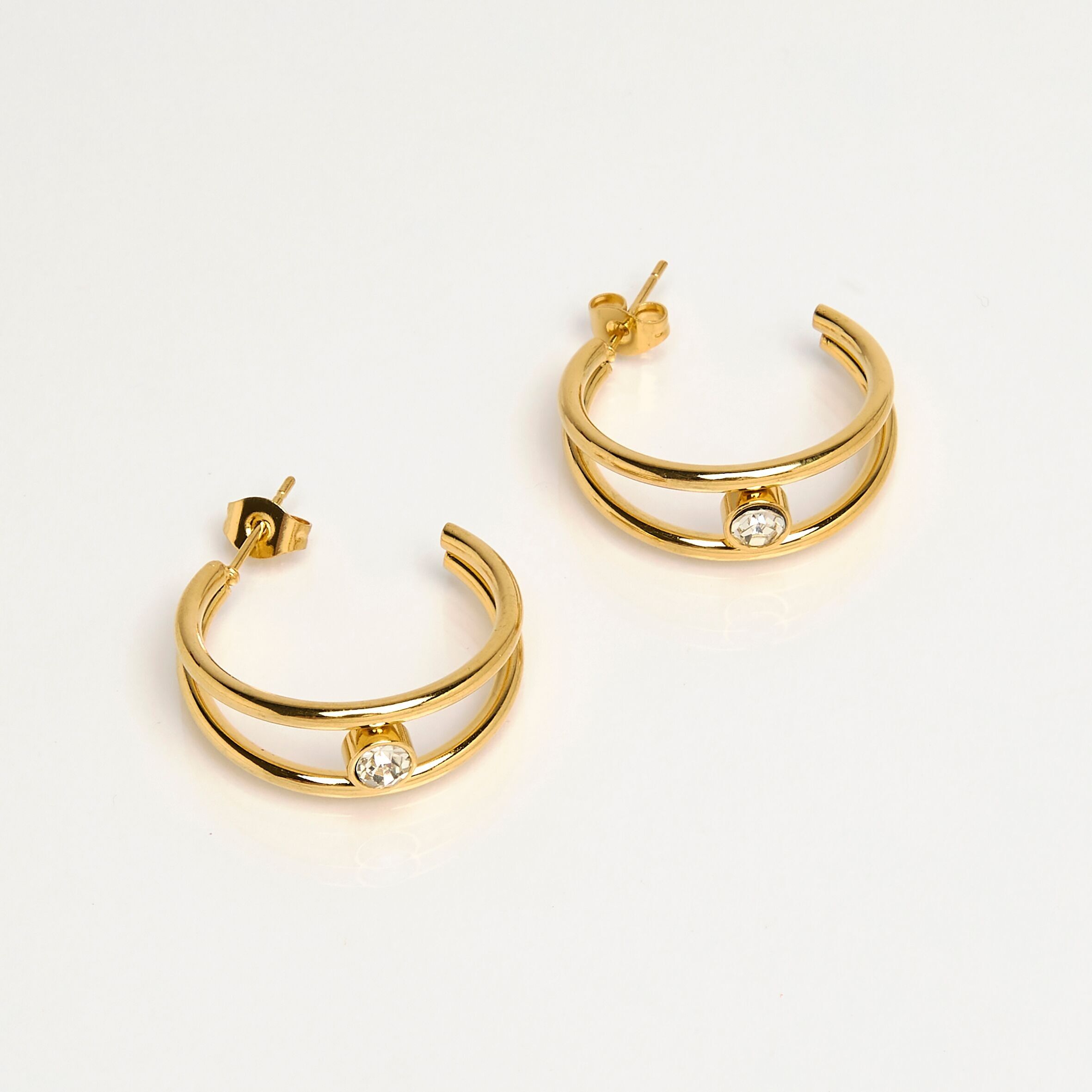orecchini a doppio cerchio in acciaio inossidabile color oro, strass.
