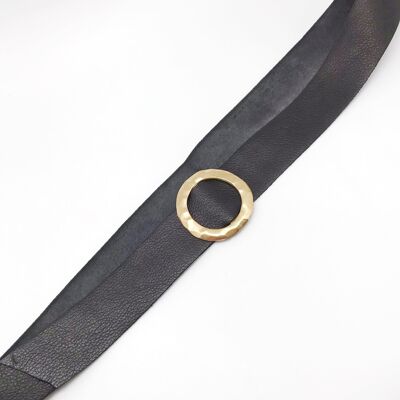 Cinturón piel negro y zamak dorado Hebilla Redonda
