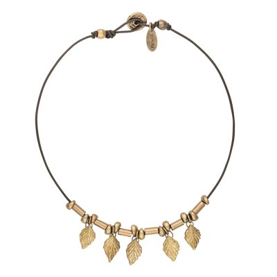 Collier cuir et zamak feuilles dorées 40cm