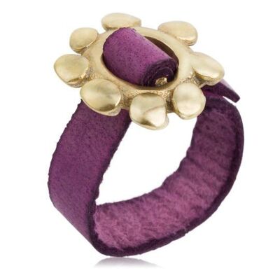 Bague réglable Gloria Mago en cuir zamak doré avec boucle "Cadmi" dorée et cuir violet
