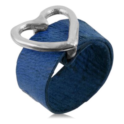 Bague coeur en cuir bleu zamak plaqué argent 925