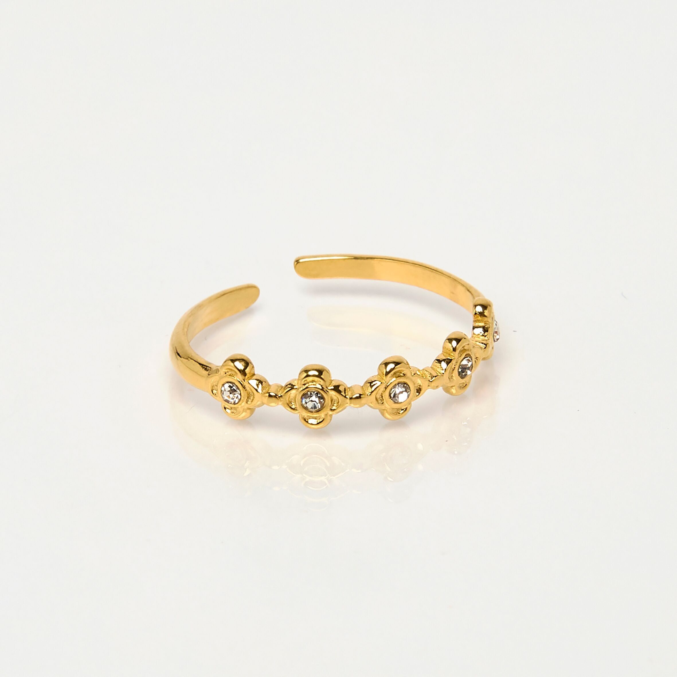 Anello in acciaio inox oro e strass, trifogli, regolabile