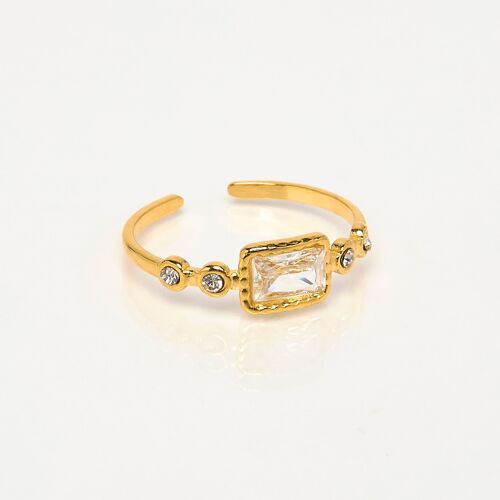 Bague en acier inoxydable doré et strass, rectangle, réglable