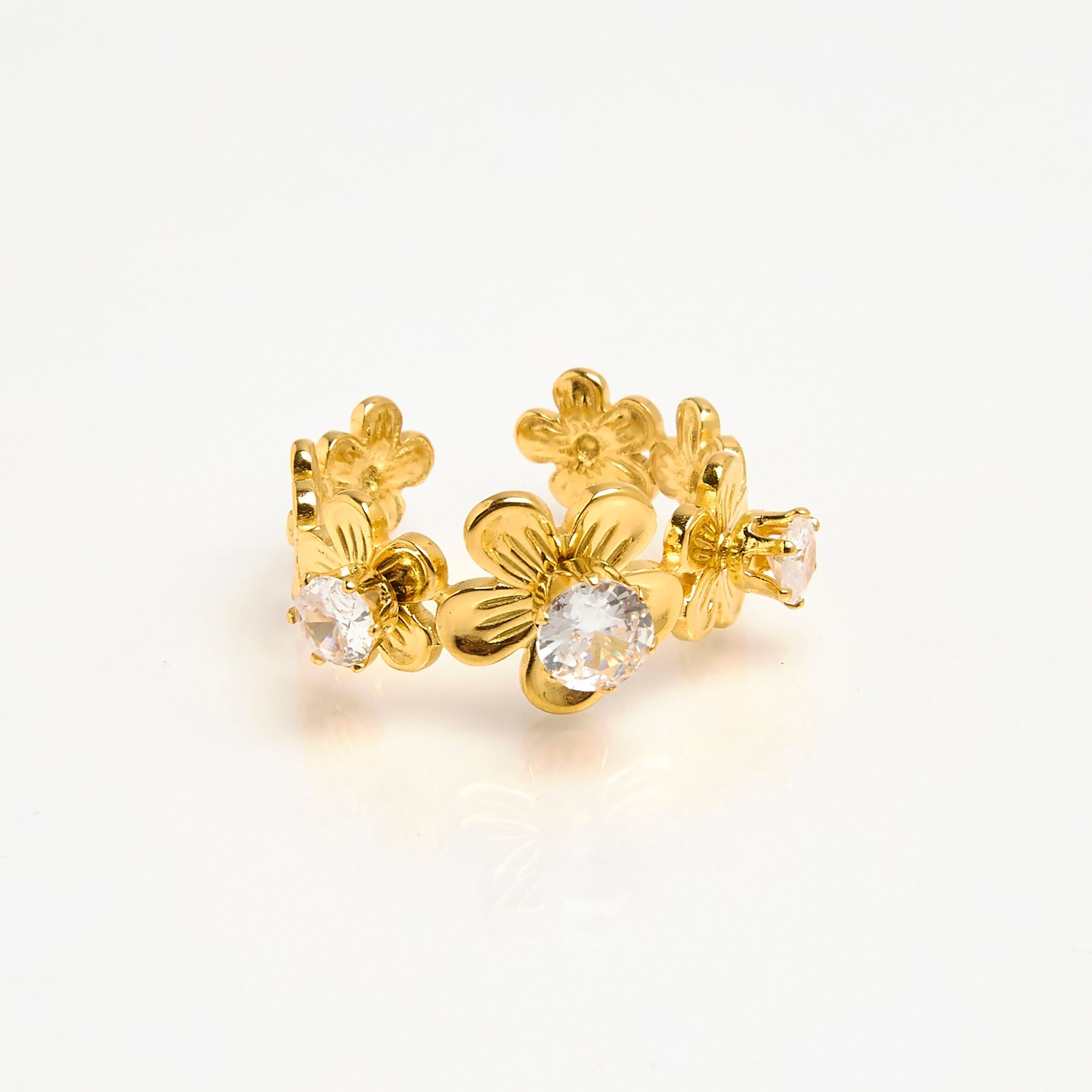 Anillo de acero dorado, strass, floral, ajustable