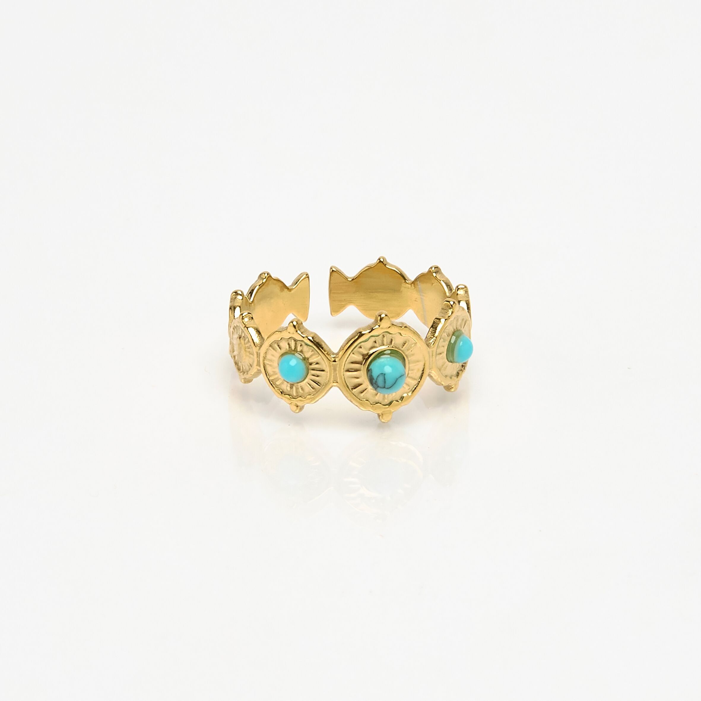 Anello in acciaio inossidabile color oro arabo, perline di turchese ricostituito.