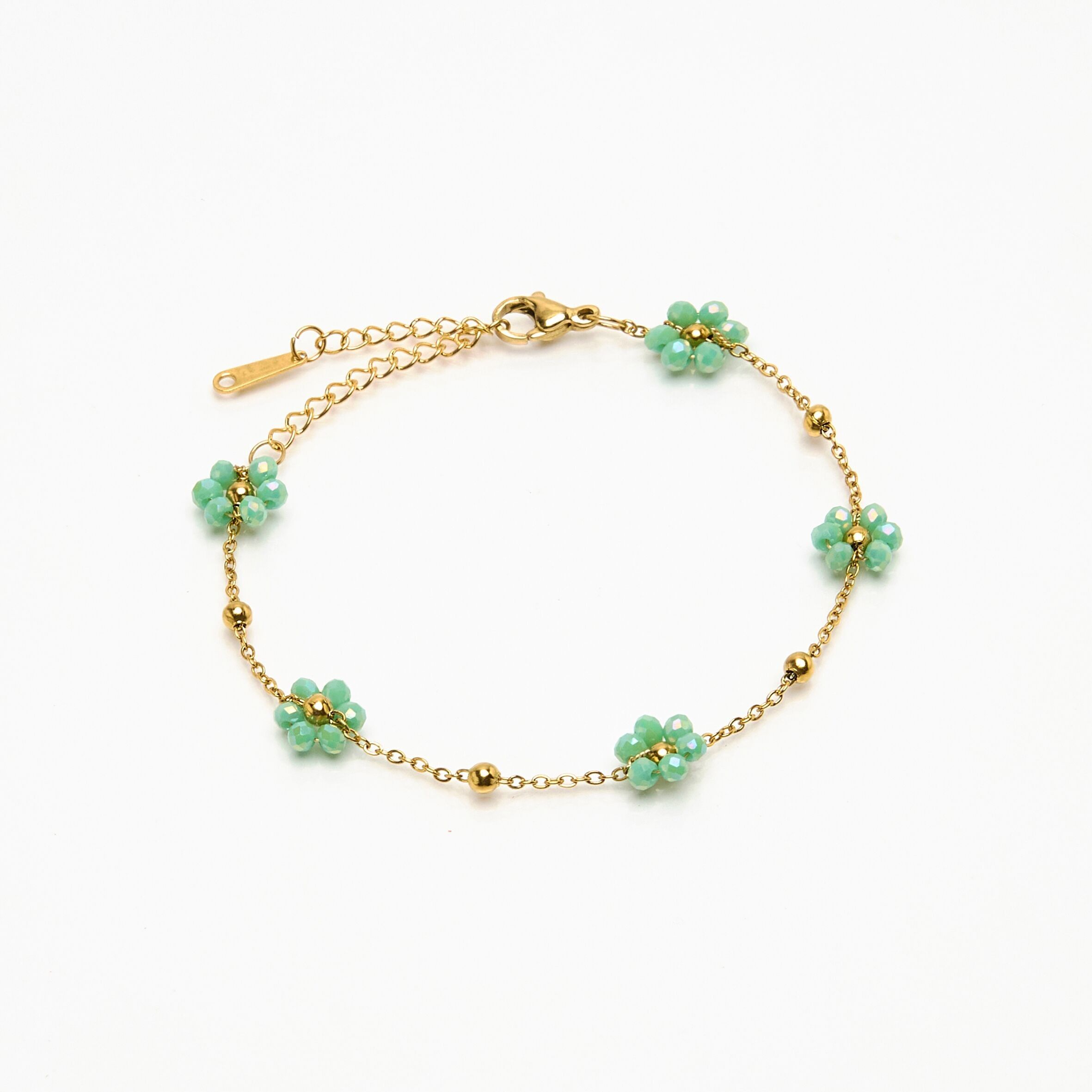 Bracciale a catena in acciaio inossidabile, fiori, verde, cristallo