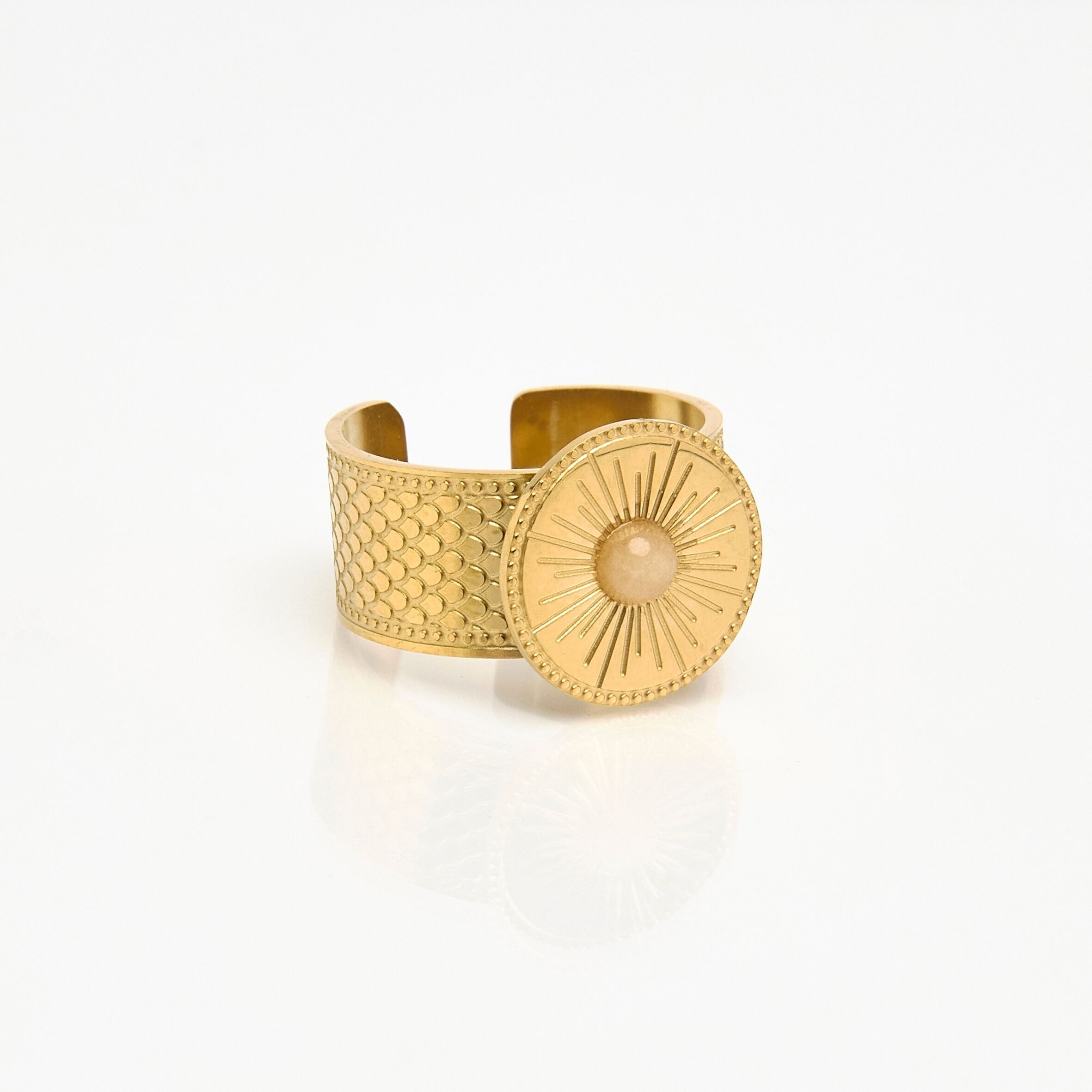 Ring in golden stainless steel, solar, pink cabochon, adjustable