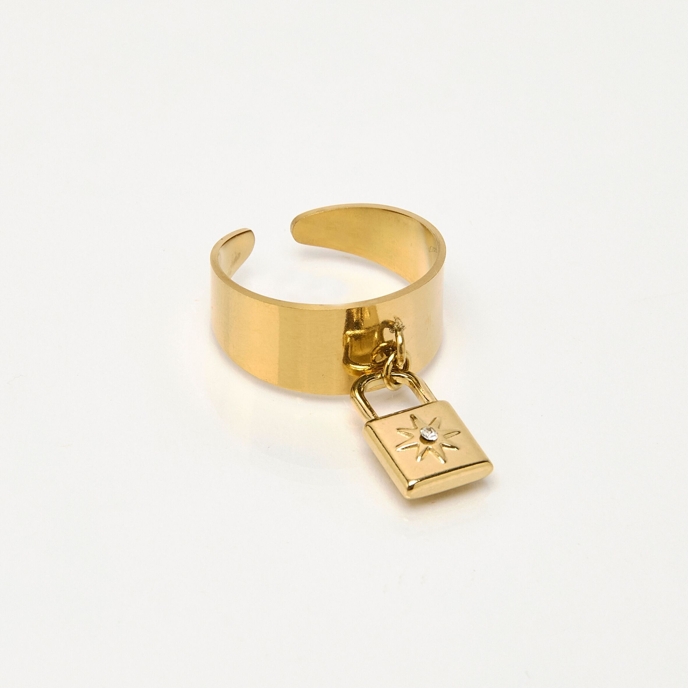 Gold stainless steel ring, solar padlock charm, adjustable.