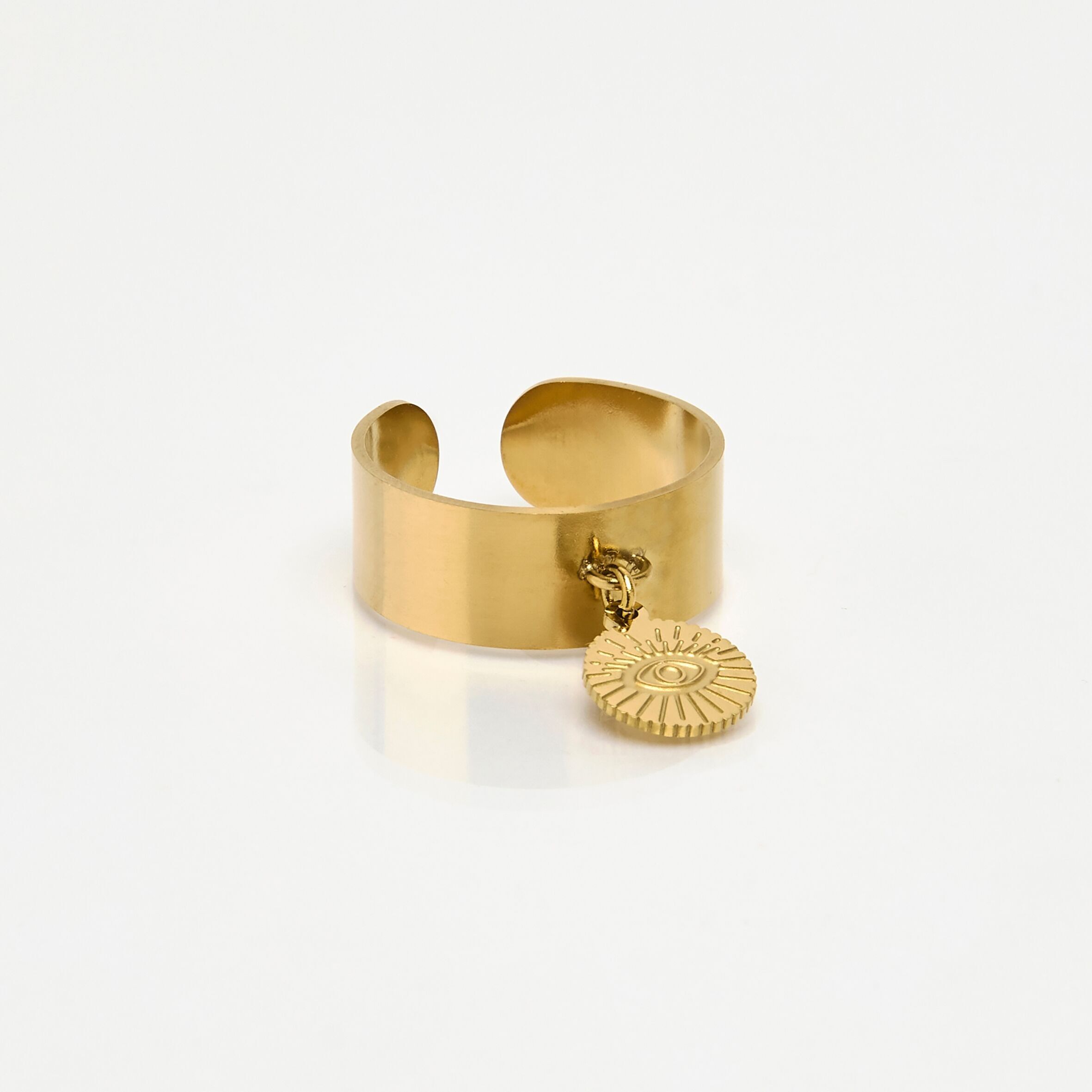 Gold stainless steel ring, protective eye charm, adjustable.