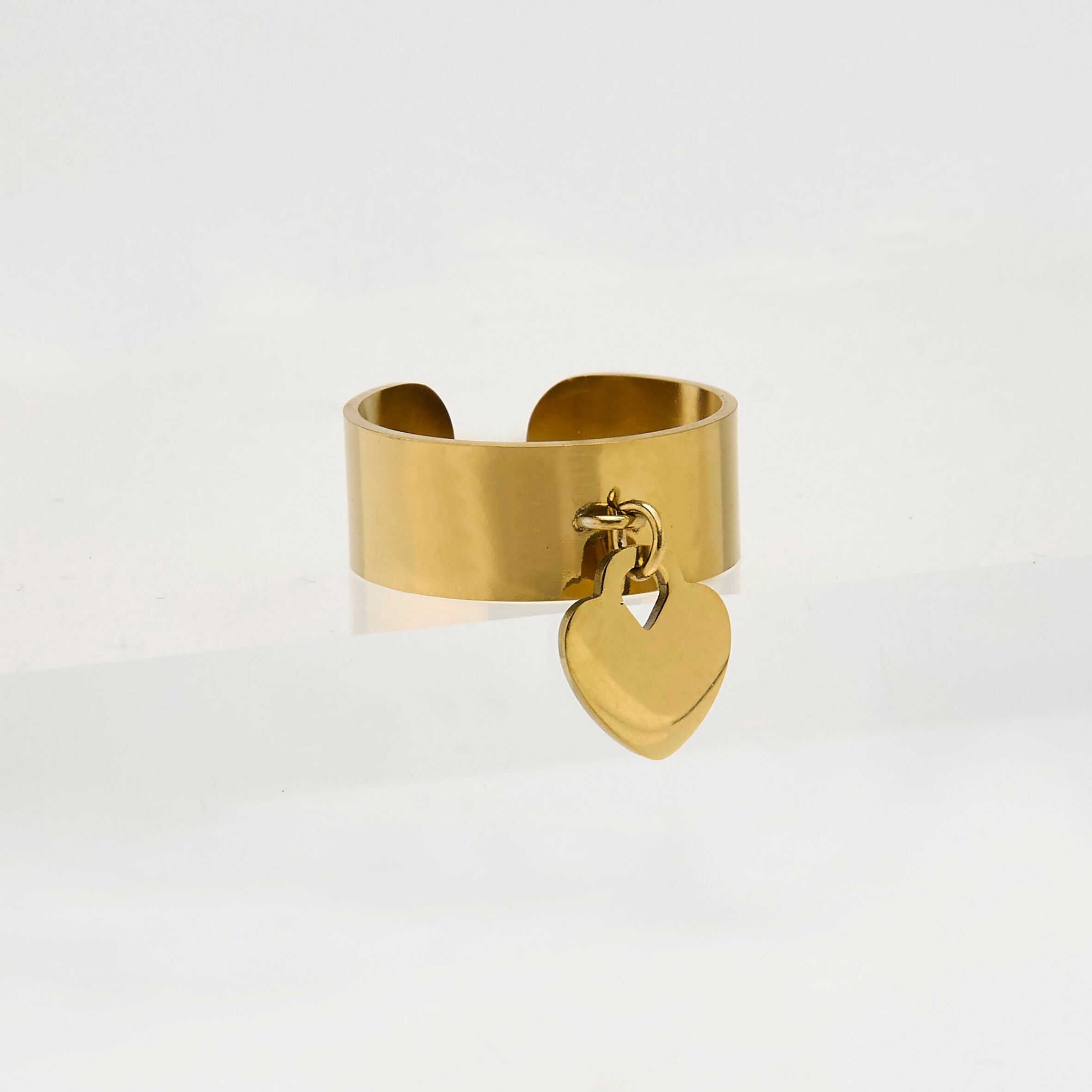 Gold stainless steel ring, heart padlock charm, adjustable.