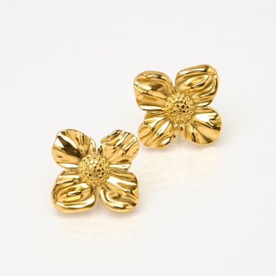 Pendientes de acero dorado, flor.
