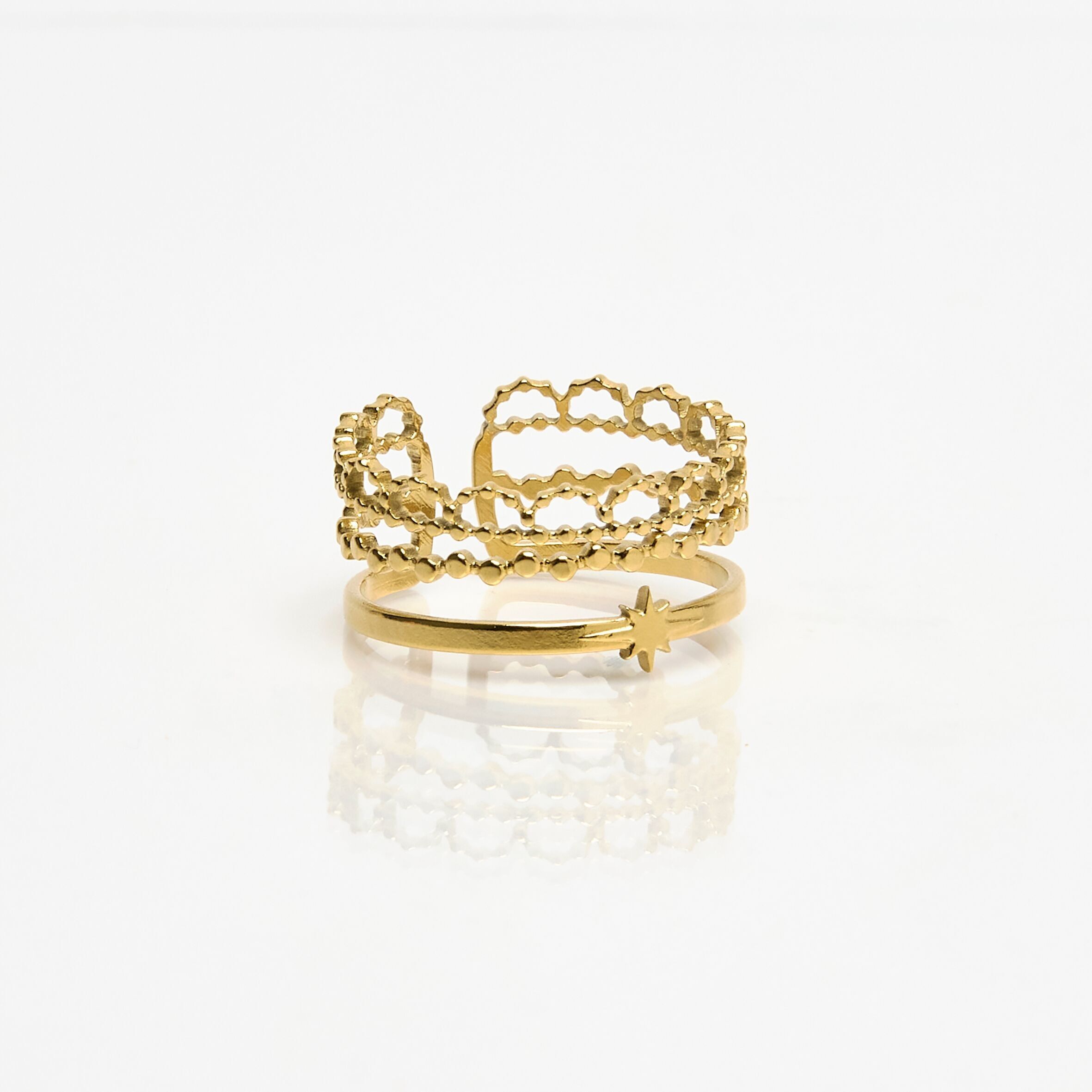 Gold stainless steel ring, multi-row, star, adjustable.