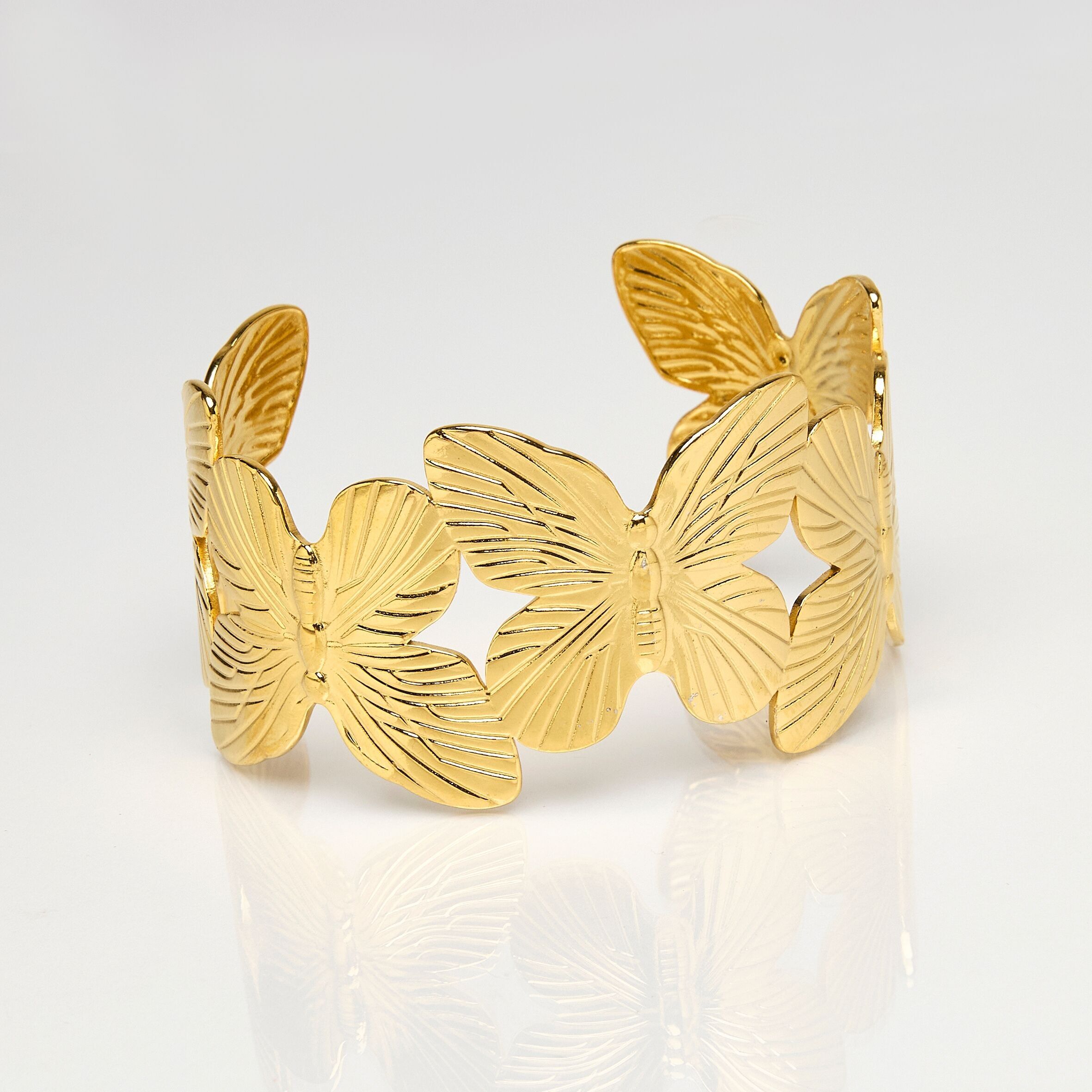 Bracciale in acciaio inossidabile dorato, farfalle, grezzo, regolabile.