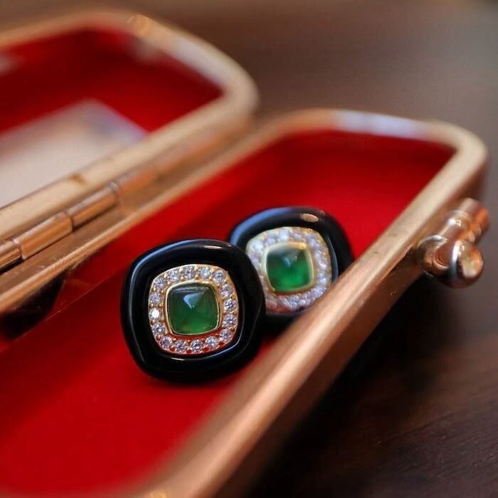 Orecchini a bottone vintage moderni in onice nero-Lapislazzuli e onice verde