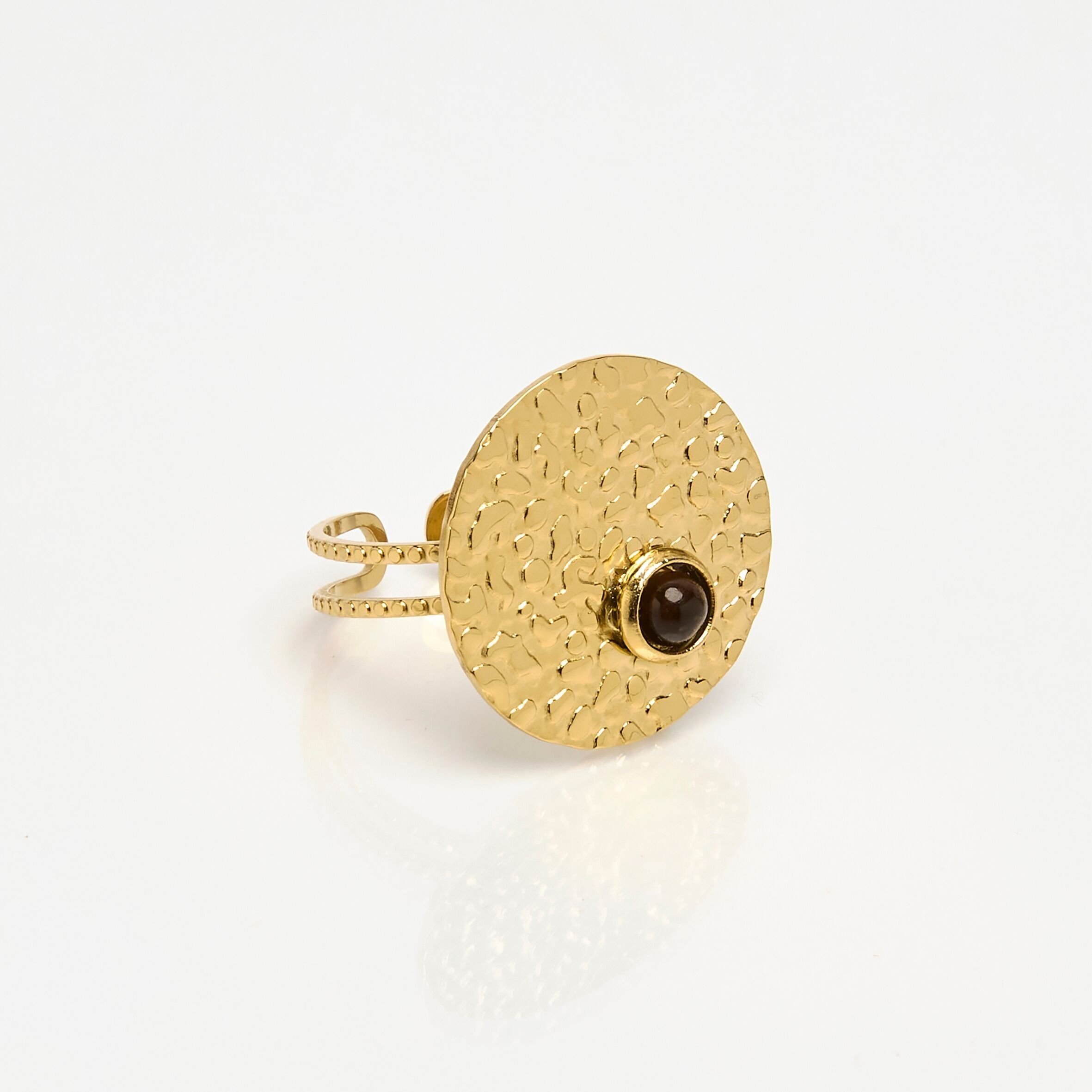 Anello in acciaio inossidabile dorato, pietra, occhio di tigre.