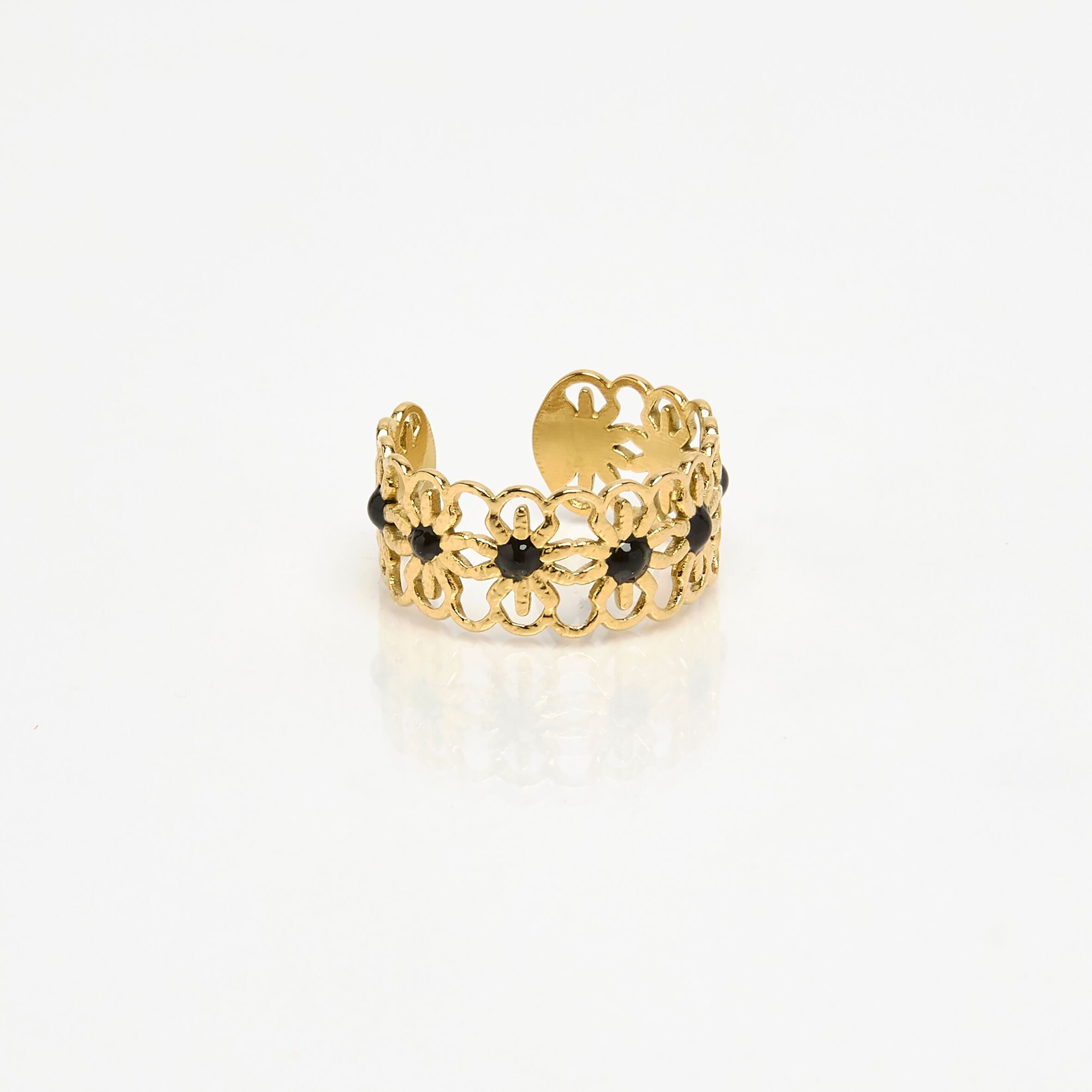 Anello in acciaio inossidabile color oro con smalto floreale, regolabile.