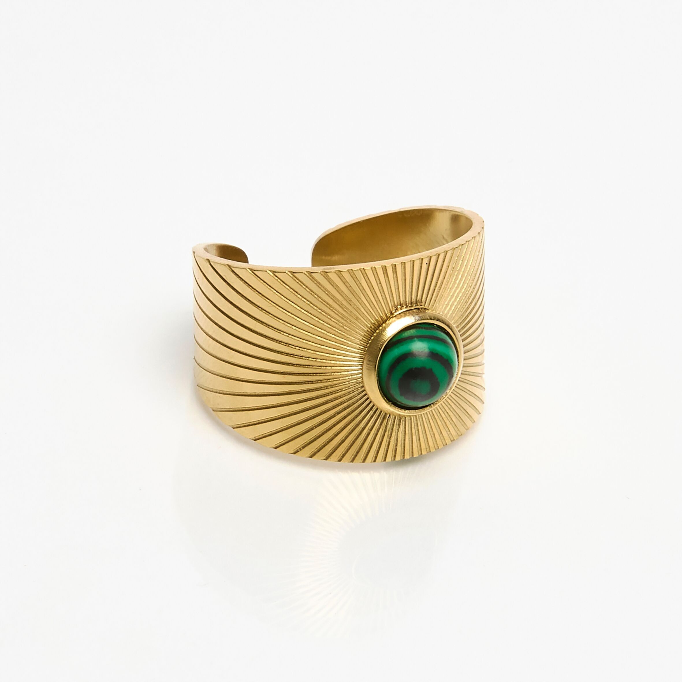 Anello largo in acciaio inossidabile, pietra colorata malachite, regolabile.