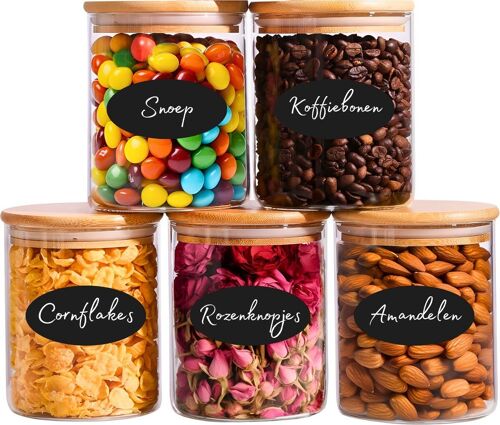Glass storage jars - Set of 5 jars - 750ml capacity - With rewritable stickers & white marker - With bamboo lid