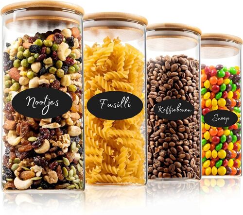 Glass storage jars - Set of 4 jars - 1200ml capacity - With rewritable stickers & white marker - With bamboo lid