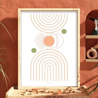 Boho Chic Orange Sphere Green Line | Bohemian Decor Poster | Abstract Art Landscape