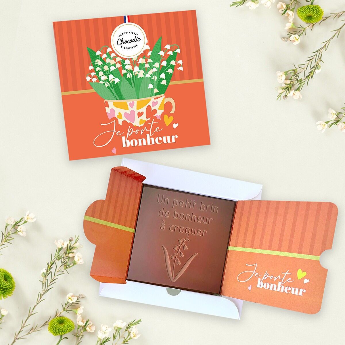 Les cartes à croquer | Chocolat gravé 1er mai muguet bonheur | Tablette de chocolat lait ou noir | Chocolat personnalisé sans colorant | Carte cadeau