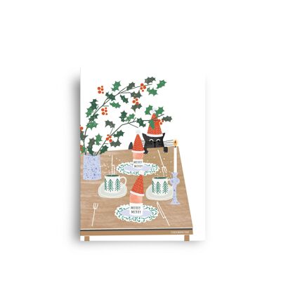 carte postale 'petit-déjeuner de Noël avec chat'