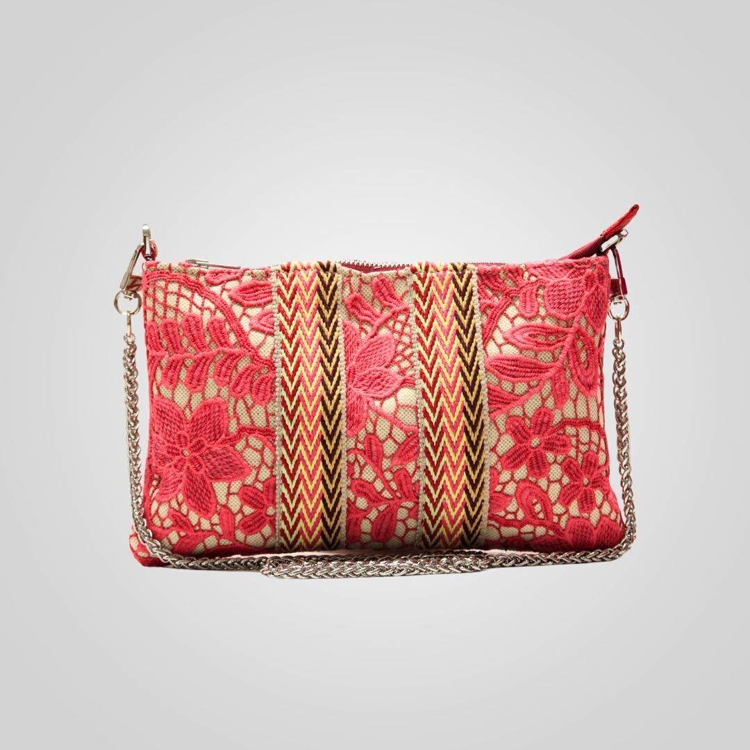 Borsa bustina piccola con chiusura zip in pizzo corallo con tracolla a catena Made in Italy