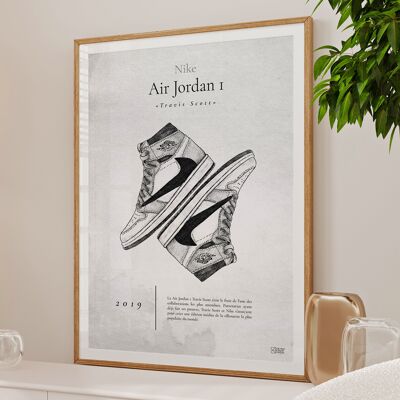 Poster della storia delle sneakers Air Jordan 1 Travis Scott vintage