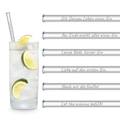 Gin Edition 6x 20cm pailles en verre avec des paroles de gin gravées en allemand