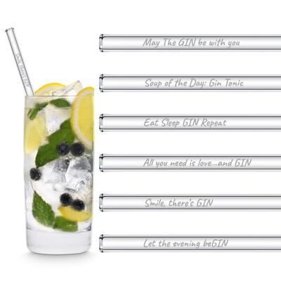 Gin Edition 6x 20cm pailles en verre avec des paroles de gin gravées en anglais
