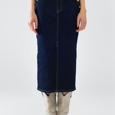 Gonna in denim con spacco frontale e bottoni dorati sui lati