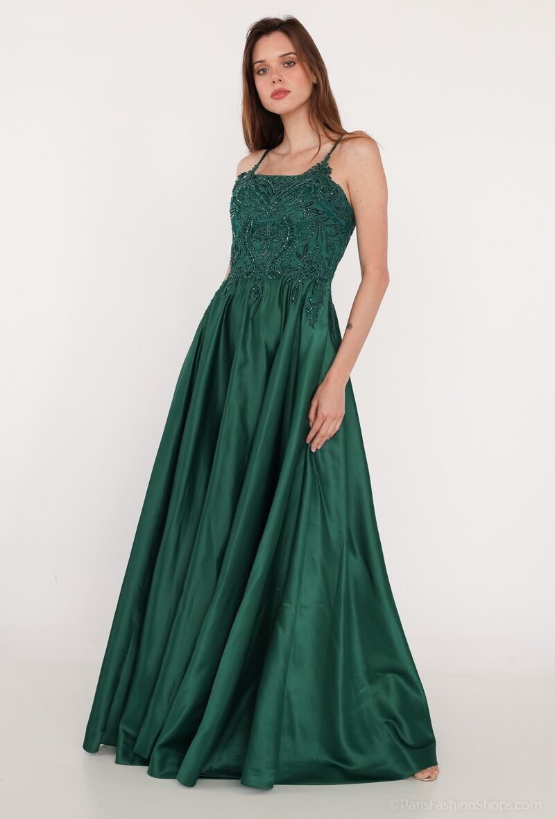 Langes Abendkleid aus Satin in Smaragdgrün