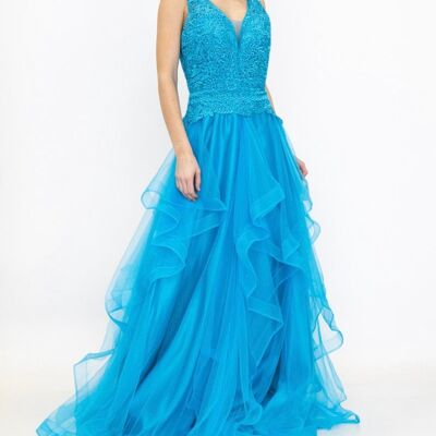 Long turquoise tulle evening dress