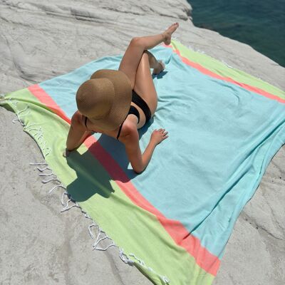 Toalla de playa NEON XXL con caja de regalo reciclada, algodón reciclado, verde/azul (200 x 200 cm)