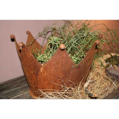 Jardinera de corona oxidada con placa base: decoración vintage para flores y plantas