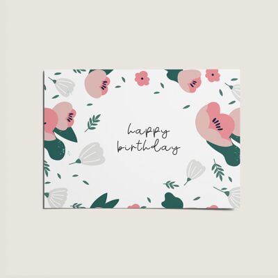 Tarjeta ilustrada colorida de la flor floral del feliz cumpleaños