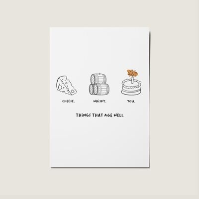 Tarjeta de cumpleaños Cosas que envejecen bien, queso, whisky y tú
