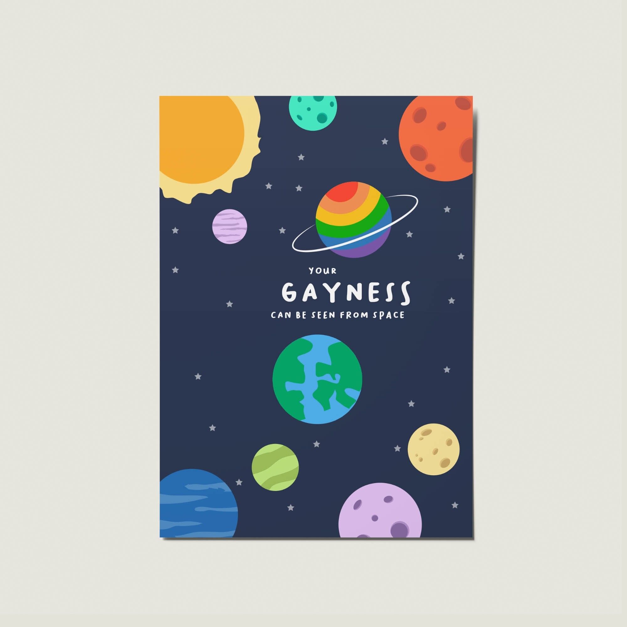 Votre homosexualité peut être vue depuis l'espace - Carte de vœux LGBT+, gay, lesbienne et trans de Karen Walker