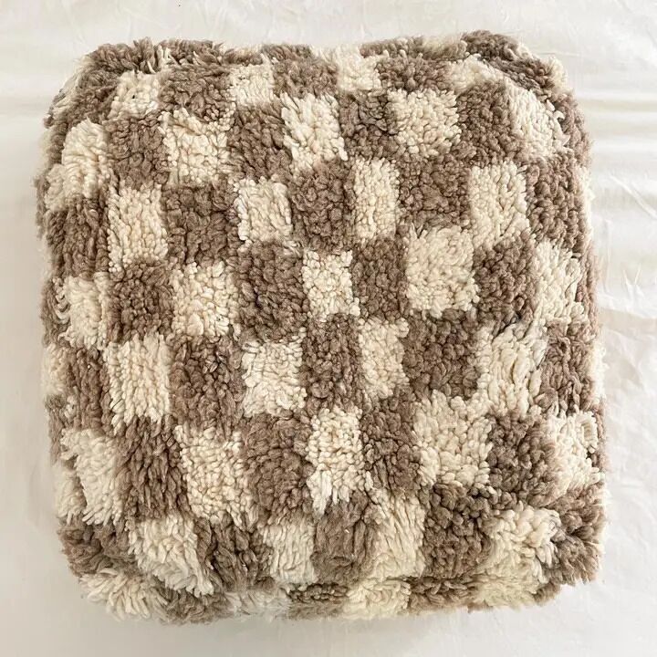 Beige Checkered Moroccan Floor Cushion - Handmade Beni Ourain Berber Pouf