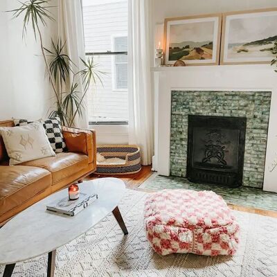 Light pink plaid floor cushion, Moroccan pouf