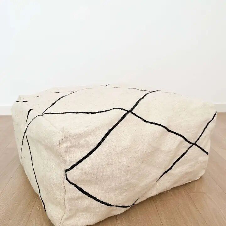 Black and White Moroccan Wool Pouf - Handmade Beni Ourain Floor Cushion