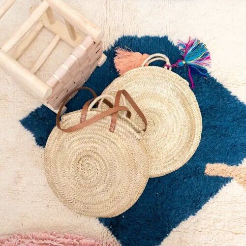 Medium Moroccan round basket with double leather handle