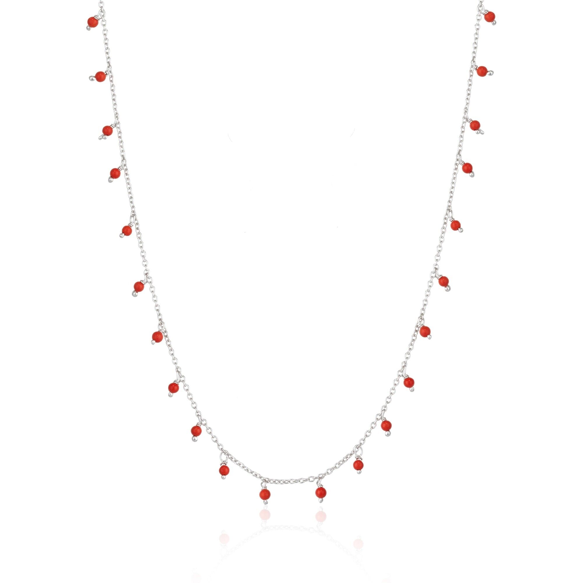 Collana con catena in argento sterling e perline di corallo rosso