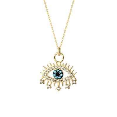 Pendiente de mal de ojo, collar con colgante de pestañas de ojo azul en plata de ley