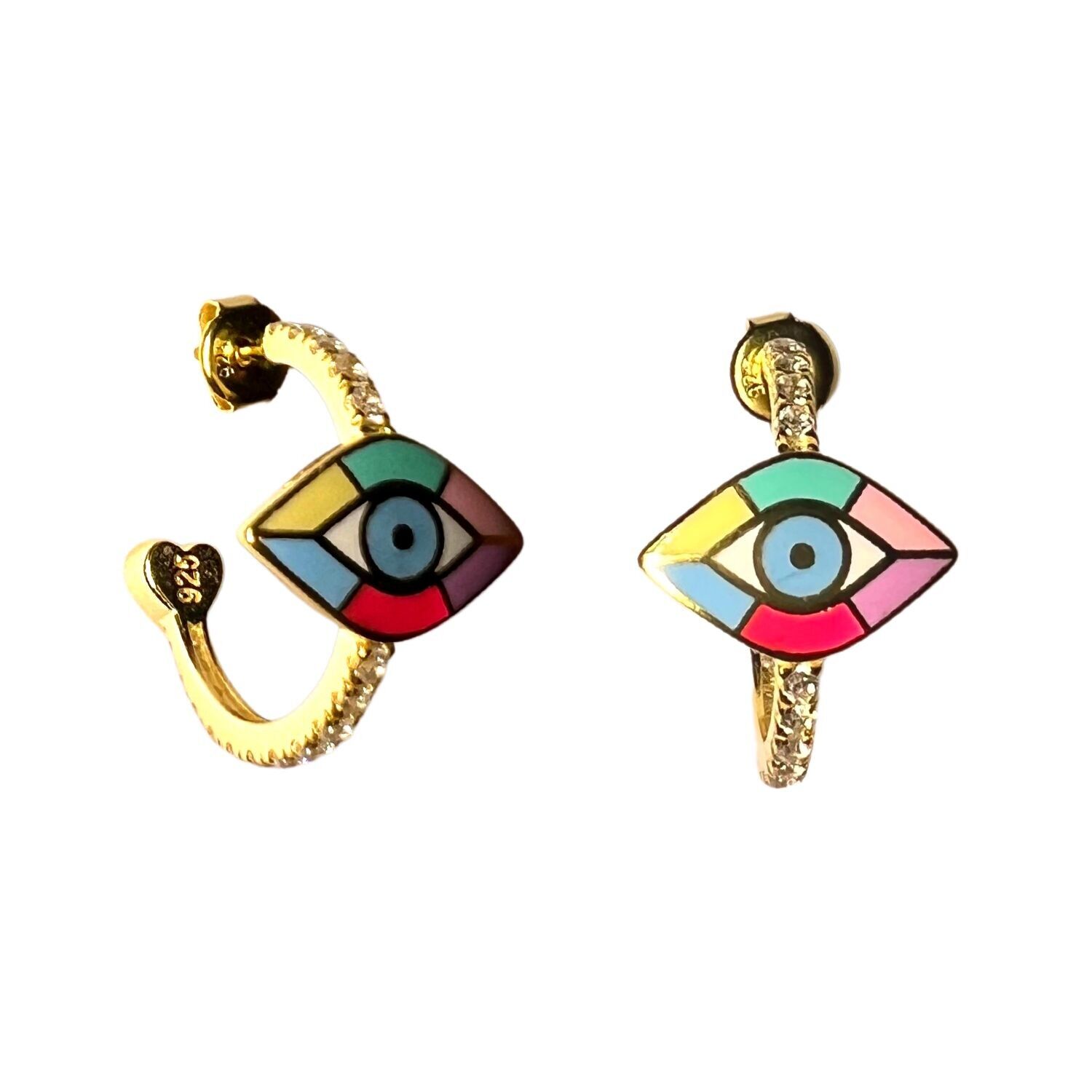 Orecchini a cerchio in argento sterling con pavé arcobaleno e malocchio