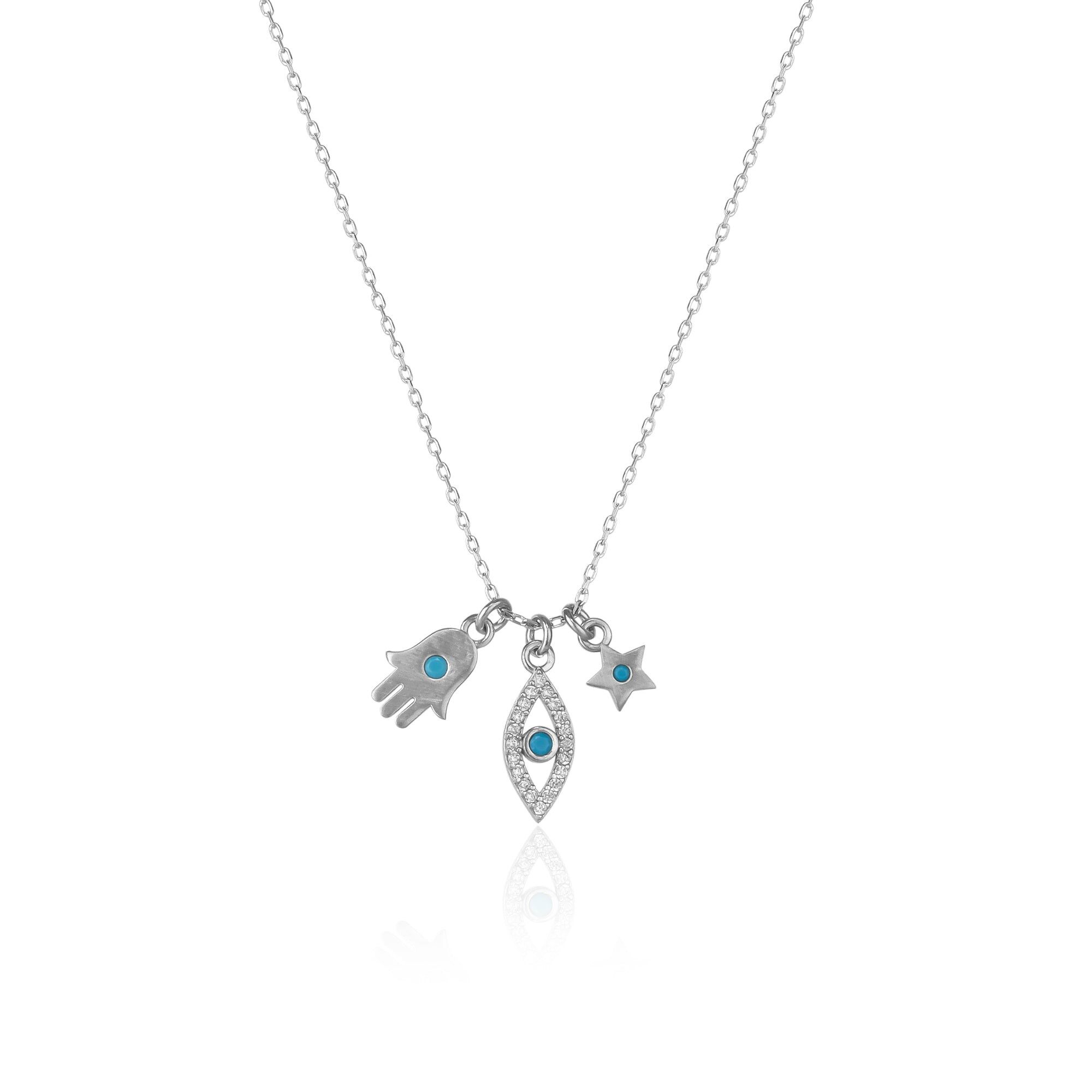 Collana in argento sterling turchese con stella e occhio maligno di Hamsa