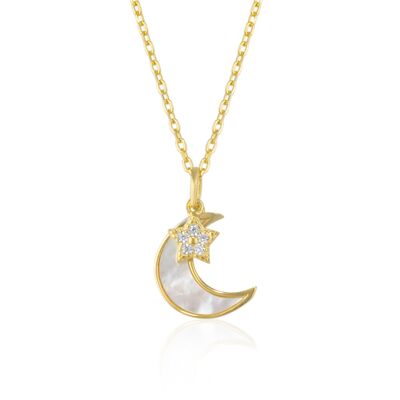 Collar con colgante de luna y estrella en plata de ley y nácar