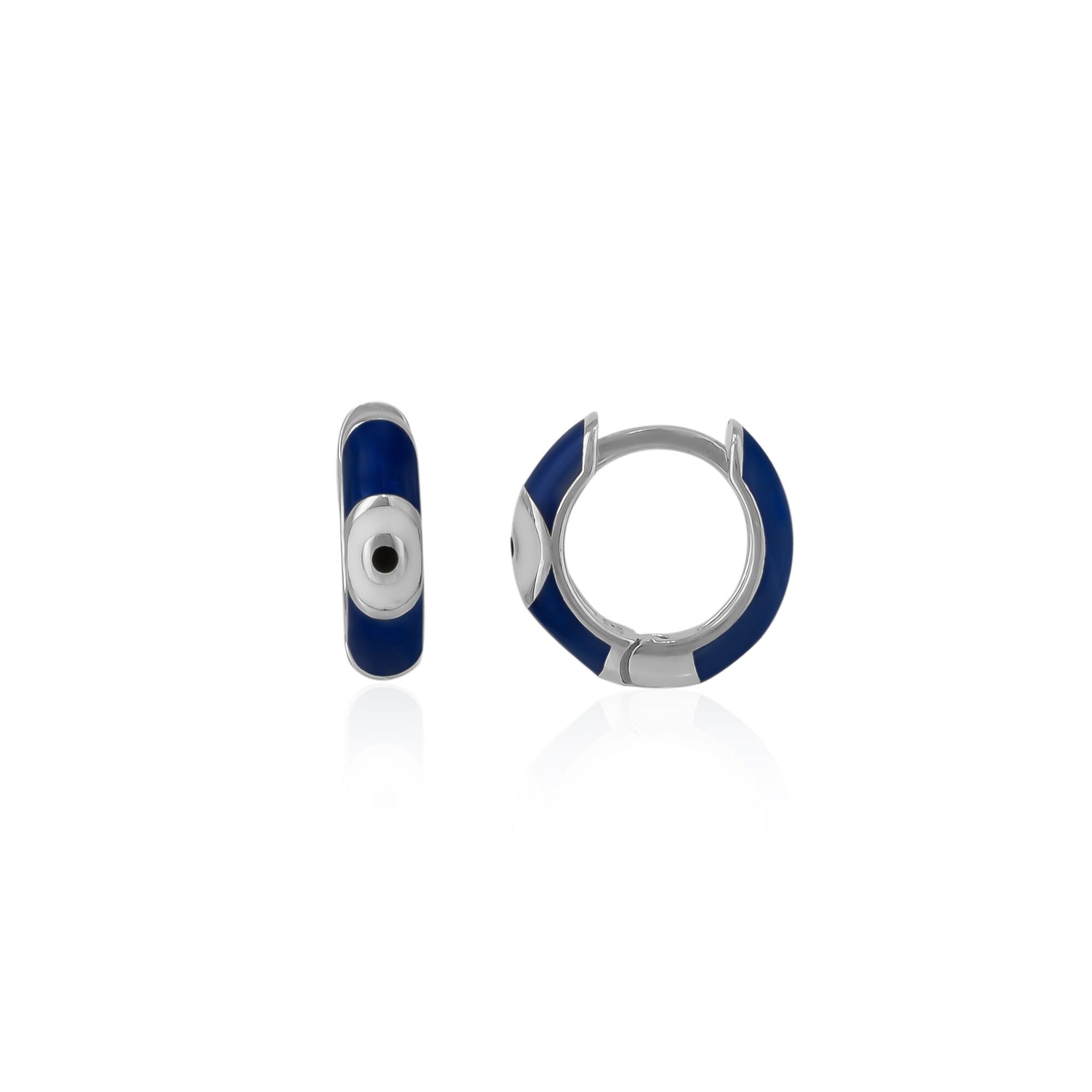 Orecchini a cerchio Huggie in argento sterling con occhio smaltato blu navy e turchese